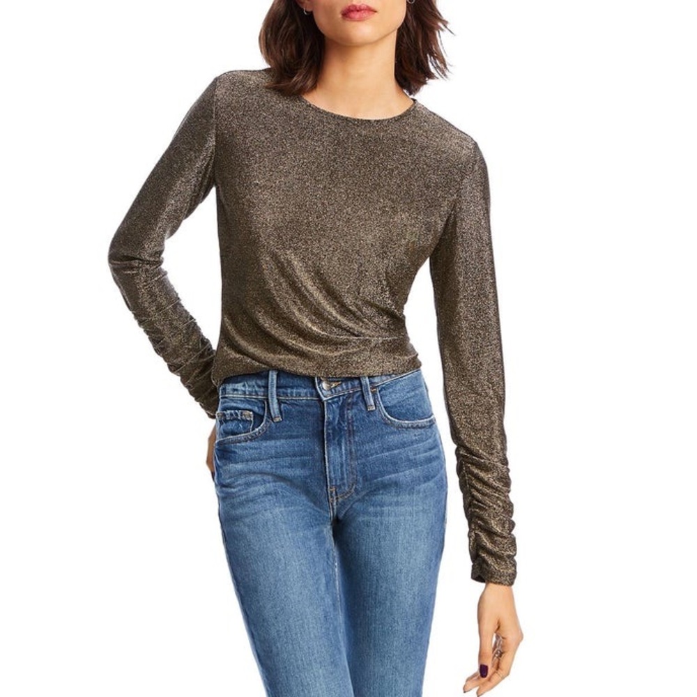 NEW LINI Anna Metallic Ruched Long Sleeve Top Gold